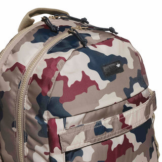 adidas Skateboarding FS+ Camo Backpack in Khaki Three/Khaki Six/Aurora Ink — 24.9L, recycled polyester, plain weave, zipper closure, bold camo design for skate and street
