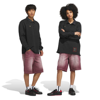 adidas Skateboarding x Tyshawn Washed Denim Shorts in Maroon — loose fit, durable denim, Tyshawn Jones signature style, skate and street ready