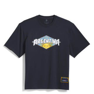 adidas Originals Thrasher x AFA Argentina Tee in Night Navy — loose fit single-jersey collab tee with Thrasher and Argentina football graphics