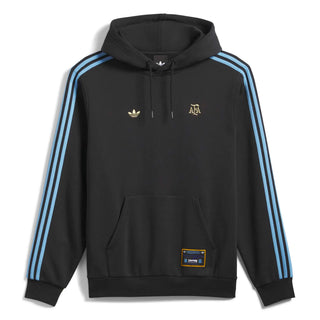 Black hoodie with blue stripes and brand logos on a white background