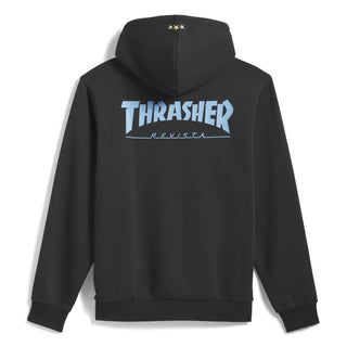 Black hoodie with 'Thrasher Revista' logo on the back against a white background