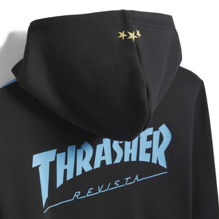 Black hoodie with 'Thrasher' logo on the back against a white background