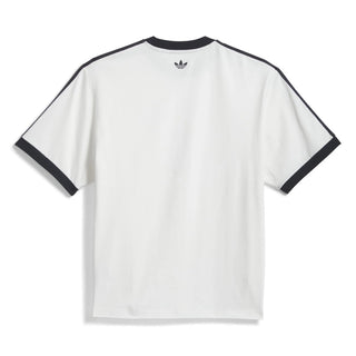 White t-shirt with black accents and Adidas logo on a white background