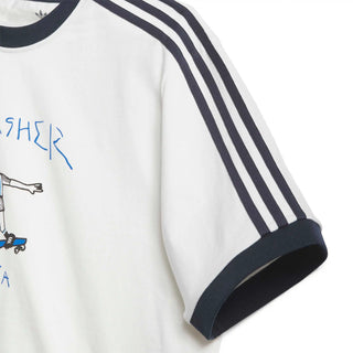 White long-sleeve shirt with black stripes on sleeves and collar, featuring blue text and graphics.