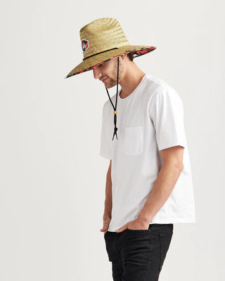 Hemlock Hat Co. straw lifeguard hat with Hawaiian Floral underbrim, wide brim, UPF 50+ sun protection.
