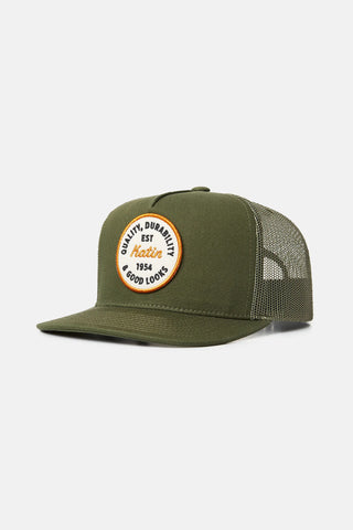 Image of the Katin Chuck Trucker Hat in olive, a cotton twill hat featuring a mesh backing, a custom Katin embroidered patch, and a snapback closure. Crafted with the same quality as Katin surf trunks for durability and style.