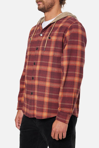 Kelp Red Katin USA Harold Hooded Flannel, 100% cotton, plaid design, button closure, chest and side pockets.