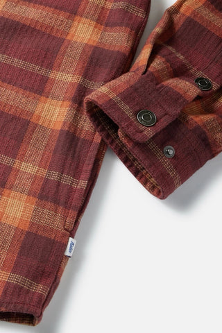 Kelp Red Katin USA Harold Hooded Flannel, 100% cotton, plaid design, button closure, chest and side pockets.