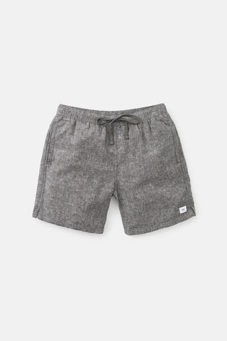 Isaiah Local Short by Katin, made from 75% cotton and 25% linen blend, featuring front welt side-seam pockets, elastic waistband with drawcords, and clean-finished interior seams.