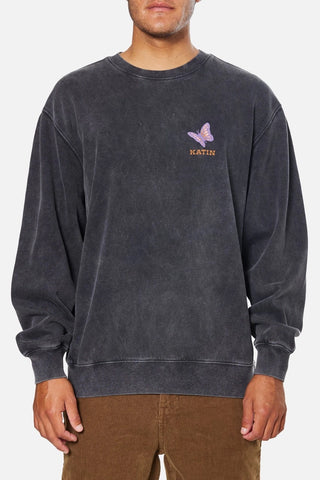 Black Sand Wash Katin USA Monarch Crew Fleece, cotton/poly blend, vintage look, Katin graphics on chest and back.