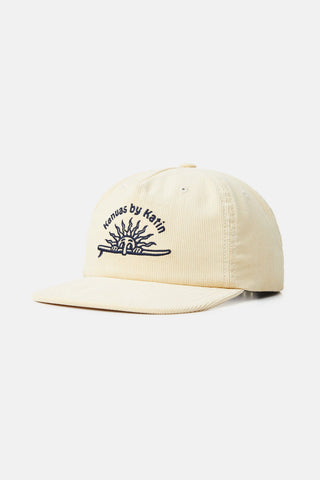 Image of the Sunny Hat in Vintage White, a cotton corduroy headpiece highlighted by custom Katin embroidery and a snapback closure. This popular design resonates the quality and style synonymous with Katin's surf trunks.