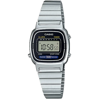 Casio LA670WA-1 digital watch with stainless steel band and stopwatch.