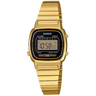 Casio LA670WGA-1 digital watch with stainless steel band and stopwatch.