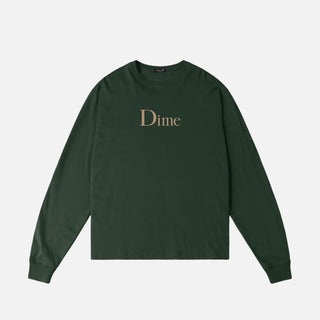 Front view of Dime Classic Big Logo Long Sleeve Tee in Mountain Green with a light-colored Dime logo printed across the chest