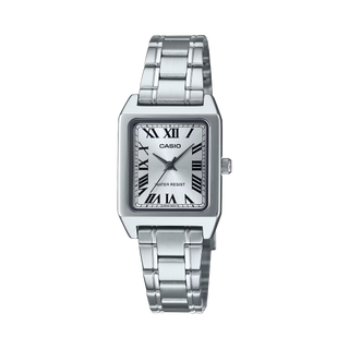 Casio LTP-B150D-7BV Women's Watch in Silver/White — slim stainless steel case and bracelet, analog display, Bluetooth time sync, quartz movement, mineral glass, water resistant 30M