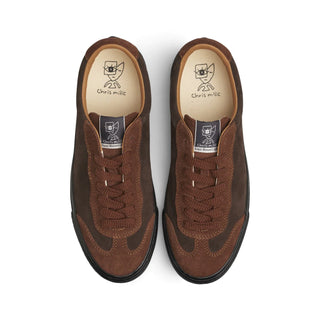 Last Resort AB VM004-Milic Duo Brown/Black shoe with suede upper, "Cloudy Cush" insole, rubber sole, and custom Chris Milic branding.