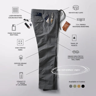 Roark Layover Pro Traveler Pants in Dark Khaki, straight-leg 4-way stretch Embarq Dura-Stretch fabric with TSA-friendly waistband, zippered travel pockets, back phone stash pocket, and laser-perforated cooling panel