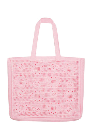 Frankies Bikinis x Pamela Anderson Lola Crochet Tote Bag in Pink Dream, a stylish and functional tote bag with a crochet construction and sturdy handles.
