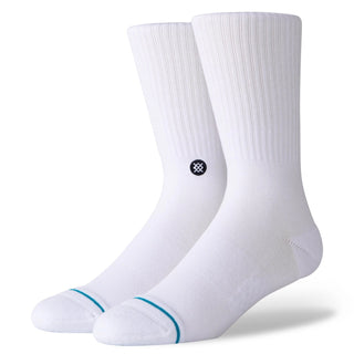 White and black Stance Icon Crew Socks with medium cushioning, seamless toe, and comfortable fit.