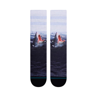 Blue Stance Landlord Crew Socks with great white shark design, medium cushioning, and reinforced durability.