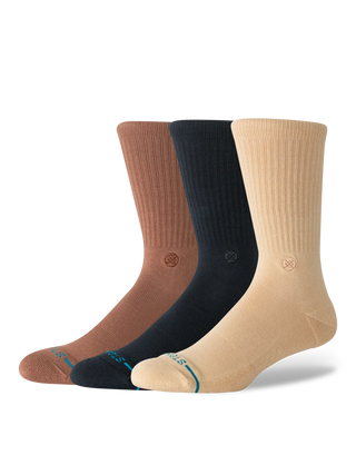Stance Icon Crew 3 Pack Socks in Tan — 3-pack with targeted cushioning, arch support, seamless toe closure, crew height, medium cushioning, stay-put fit