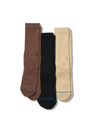 Stance Icon Crew 3 Pack Socks in Tan — 3-pack with targeted cushioning, arch support, seamless toe closure, crew height, medium cushioning, stay-put fit
