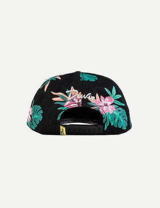 Duvin x Margaritaville Beach Club Glass Hat in Black, structured 5-panel premium cotton twill construction with curved brim, embroidered collaboration detail, adjustable strap back, one size fits most, low-profile lifestyle hat for sun and salt air