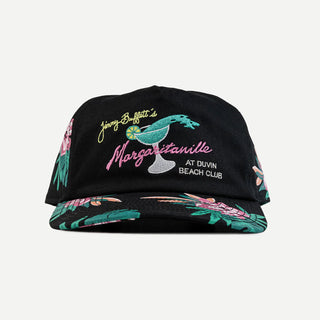 Duvin x Margaritaville Beach Club Glass Hat in Black, structured 5-panel premium cotton twill construction with curved brim, embroidered collaboration detail, adjustable strap back, one size fits most, low-profile lifestyle hat for sun and salt air