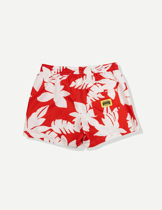 Duvin x Margaritaville Beach Club Swim Short in Red, wide-leg relaxed fit with 5 inch inseam 15 inch outseam, relaxed elastic waistband, premium soft boxer-brief liner, velcro back pocket with drain hole, quick-dry 100% polyester, coastal collaboration swim trunk