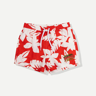 Duvin x Margaritaville Beach Club Swim Short in Red, wide-leg relaxed fit with 5 inch inseam 15 inch outseam, relaxed elastic waistband, premium soft boxer-brief liner, velcro back pocket with drain hole, quick-dry 100% polyester, coastal collaboration swim trunk