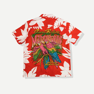 Duvin x Margaritaville Beach Club Buttonup short sleeve shirt in Red, relaxed fit classic camp collar with front chest pocket, 88% Tencel 12% Linen blend, lightweight breathable fabric made to be worn untucked, coastal lifestyle collaboration shirt