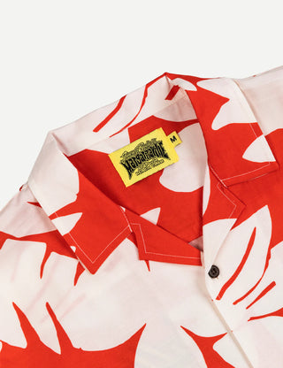 Duvin x Margaritaville Beach Club Buttonup short sleeve shirt in Red, relaxed fit classic camp collar with front chest pocket, 88% Tencel 12% Linen blend, lightweight breathable fabric made to be worn untucked, coastal lifestyle collaboration shirt