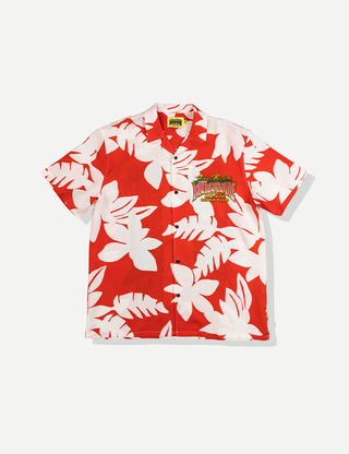 Duvin x Margaritaville Beach Club Buttonup short sleeve shirt in Red, relaxed fit classic camp collar with front chest pocket, 88% Tencel 12% Linen blend, lightweight breathable fabric made to be worn untucked, coastal lifestyle collaboration shirt
