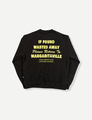 Duvin x Margaritaville Please Return Crew Fleece in Black, heavyweight crewneck fleece with relaxed loose fit, ribbed collar and cuffs, 85% cotton 15% polyester, coastal lifestyle collaboration souvenir sweater for beach bonfires and breezy nights