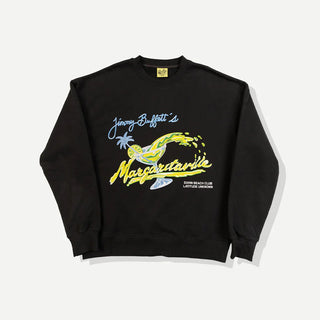 Duvin x Margaritaville Please Return Crew Fleece in Black, heavyweight crewneck fleece with relaxed loose fit, ribbed collar and cuffs, 85% cotton 15% polyester, coastal lifestyle collaboration souvenir sweater for beach bonfires and breezy nights