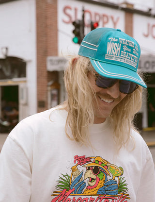 Duvin x Margaritaville Parrot Tee in Antique, relaxed fit slightly oversized premium heavyweight 100% cotton tee, pigment-dyed for a worn-in antique feel, coastal collaboration graphic t-shirt