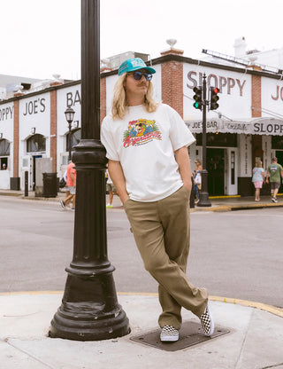 Duvin x Margaritaville Parrot Tee in Antique, relaxed fit slightly oversized premium heavyweight 100% cotton tee, pigment-dyed for a worn-in antique feel, coastal collaboration graphic t-shirt