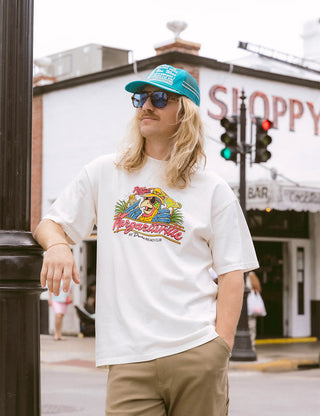 Duvin x Margaritaville Parrot Tee in Antique, relaxed fit slightly oversized premium heavyweight 100% cotton tee, pigment-dyed for a worn-in antique feel, coastal collaboration graphic t-shirt