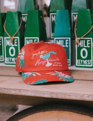 "Duvin x Margaritaville Glass Hat in Red — bold beach lifestyle collab hat from Duvin Design Co. and Jimmy Buffett's Margaritaville"
