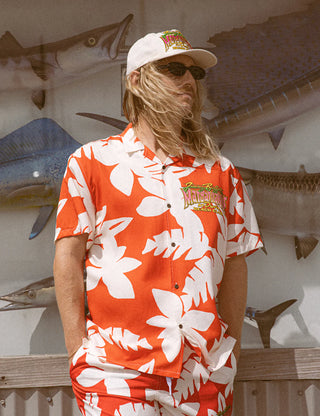 Duvin x Margaritaville Beach Club Buttonup short sleeve shirt in Red, relaxed fit classic camp collar with front chest pocket, 88% Tencel 12% Linen blend, lightweight breathable fabric made to be worn untucked, coastal lifestyle collaboration shirt
