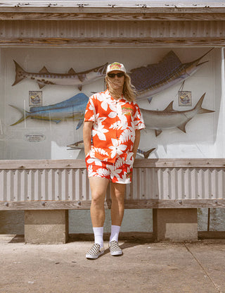 Duvin x Margaritaville Beach Club Buttonup short sleeve shirt in Red, relaxed fit classic camp collar with front chest pocket, 88% Tencel 12% Linen blend, lightweight breathable fabric made to be worn untucked, coastal lifestyle collaboration shirt