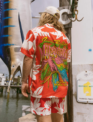 Duvin x Margaritaville Beach Club Buttonup short sleeve shirt in Red, relaxed fit classic camp collar with front chest pocket, 88% Tencel 12% Linen blend, lightweight breathable fabric made to be worn untucked, coastal lifestyle collaboration shirt