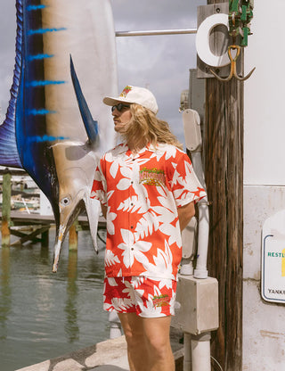 Duvin x Margaritaville Beach Club Buttonup short sleeve shirt in Red, relaxed fit classic camp collar with front chest pocket, 88% Tencel 12% Linen blend, lightweight breathable fabric made to be worn untucked, coastal lifestyle collaboration shirt