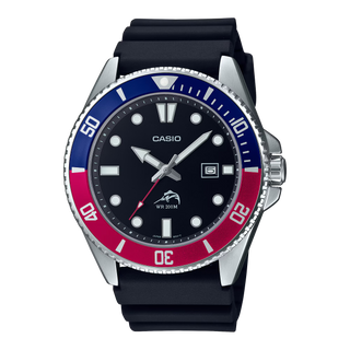 Casio MDV106B-1A2V with a blue and red rotary bezel, black dial, silver-tone case and hands, date window, and black band