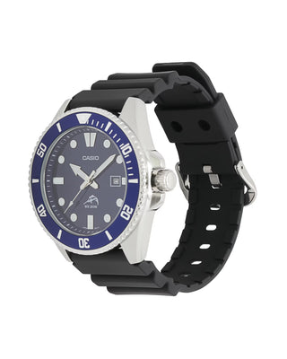 Casio MDV106B-2AV with a blue dial and rotary bezel, silver-tone case and hands, date window, and black band