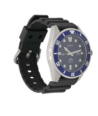 Casio MDV106B-2AV with a blue dial and rotary bezel, silver-tone case and hands, date window, and black band
