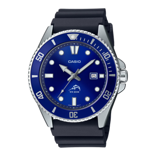 Casio MDV106B-2AV with a blue dial and rotary bezel, silver-tone case and hands, date window, and black band