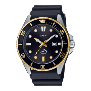 Casio MDV106G-1AV with a black dial and rotary bezel, gold-tone bezel trim and hands, silver-tone case, date window, and black band