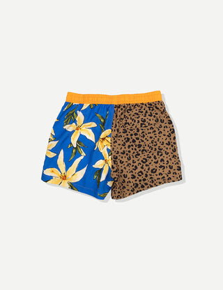 Duvin Flower Leopard Swim Short in Multi with quick-dry 100% polyester, wide-leg relaxed fit, 5 inch inseam, elastic waistband, premium boxer-brief liner, and velcro back pocket