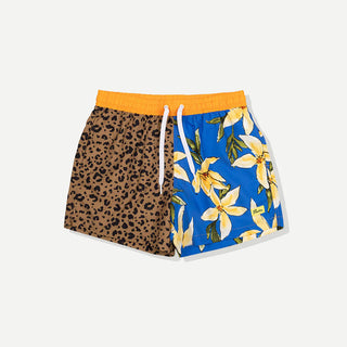 Duvin Flower Leopard Swim Short in Multi with quick-dry 100% polyester, wide-leg relaxed fit, 5 inch inseam, elastic waistband, premium boxer-brief liner, and velcro back pocket